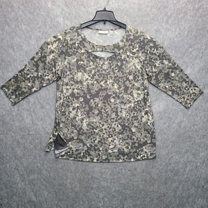 Susan Graver Liquid Tunic Cutout Top 1XP Gray Geometric Animal Print 3/4 Sleeves